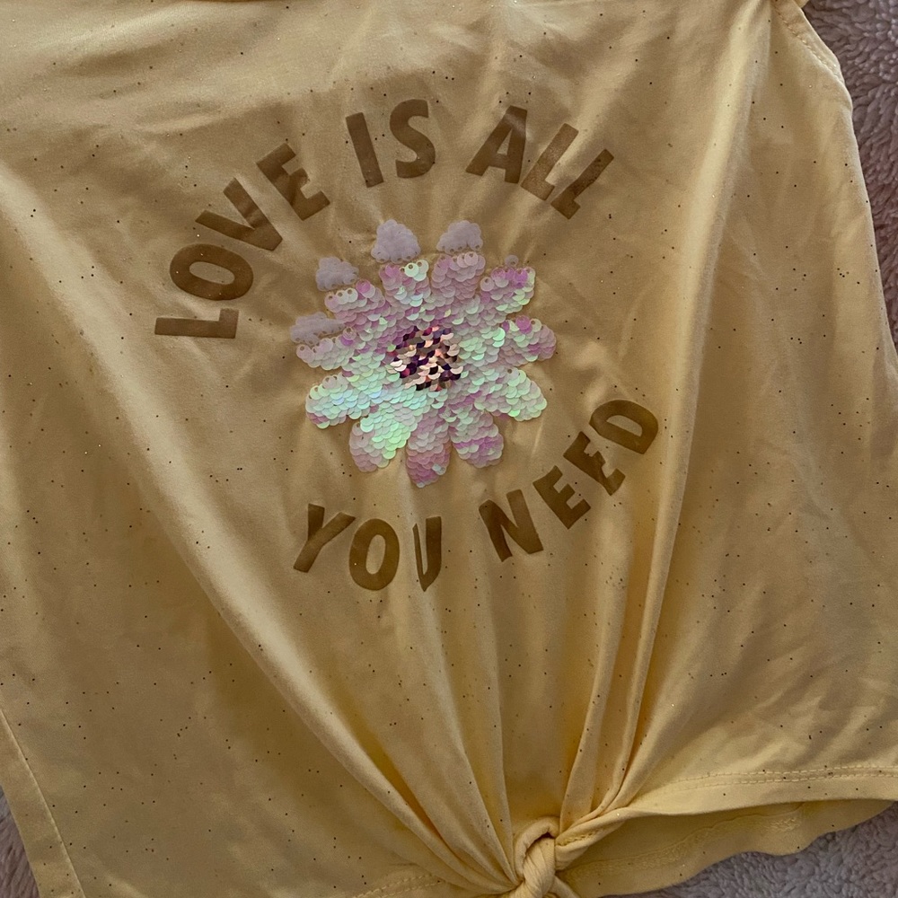 Girls Size 7 Yellow “Love is all you need” sequined T-shirt
